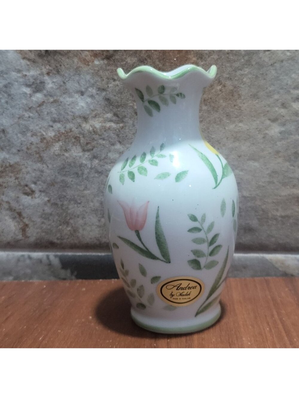 Vintage Andrea by Sadek Porcelain Floral Bud Vase Scalloped Rim 5 Inch Tall